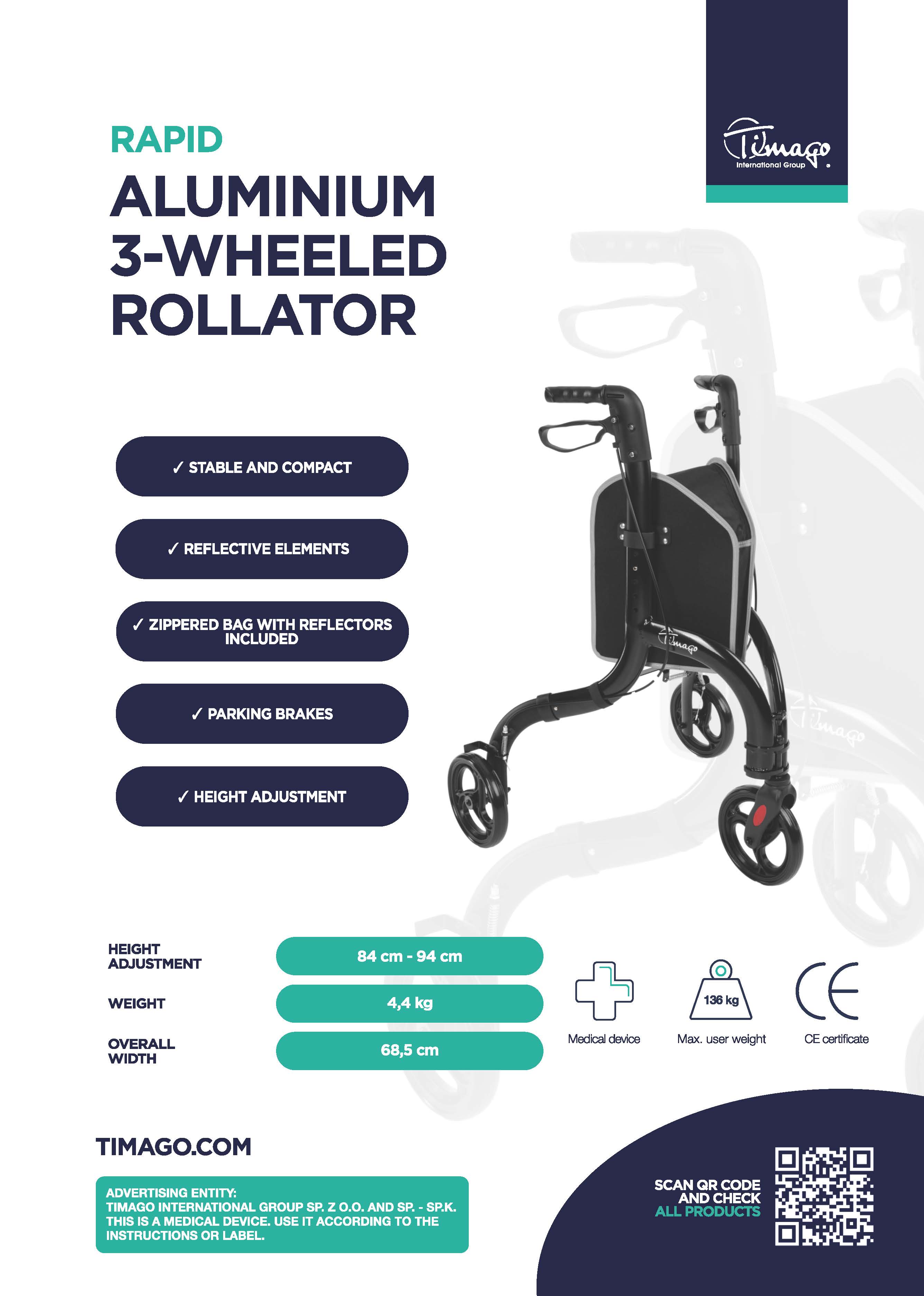 Aluminium 3-wheeled rollator - RAPID